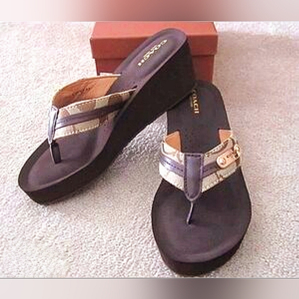 COACH Designer Jadon Wedge Platform Brown Tan Gold Sandals Thong Flip Flop 9